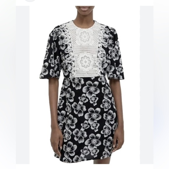 Zara Black and Cream Floral Dress with Crochet details on front - Picture 1 of 12